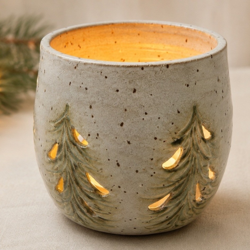 Handmade Winter Pine Tree Pottery Luminary Pierced Stoneware Candle Holder 3.5""